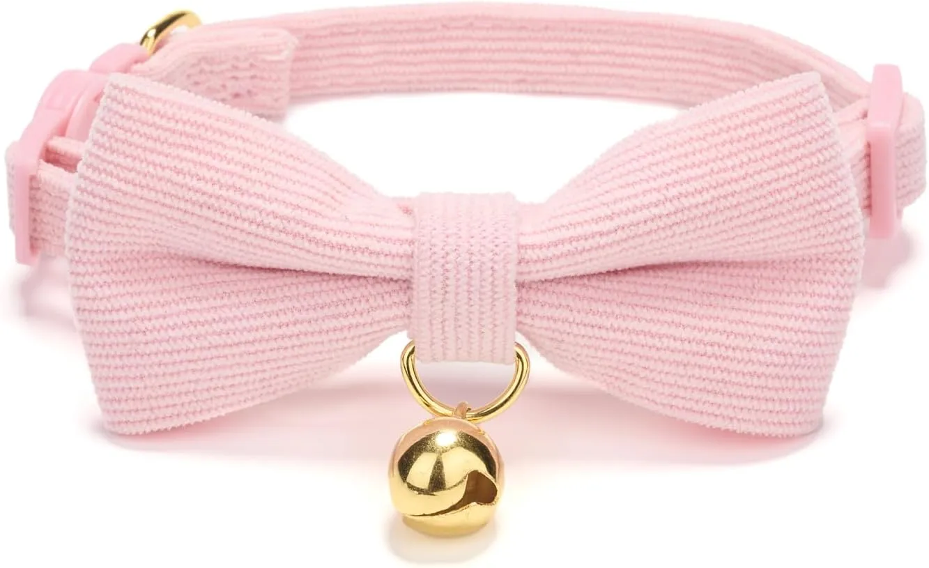 2 Pack Soft Corduroy Cat Collars with Bow Tie & Bell, Adjustable Breakaway Cotton Kitty Bowtie Collar for Female Male Cats(Grass Green & Pink)