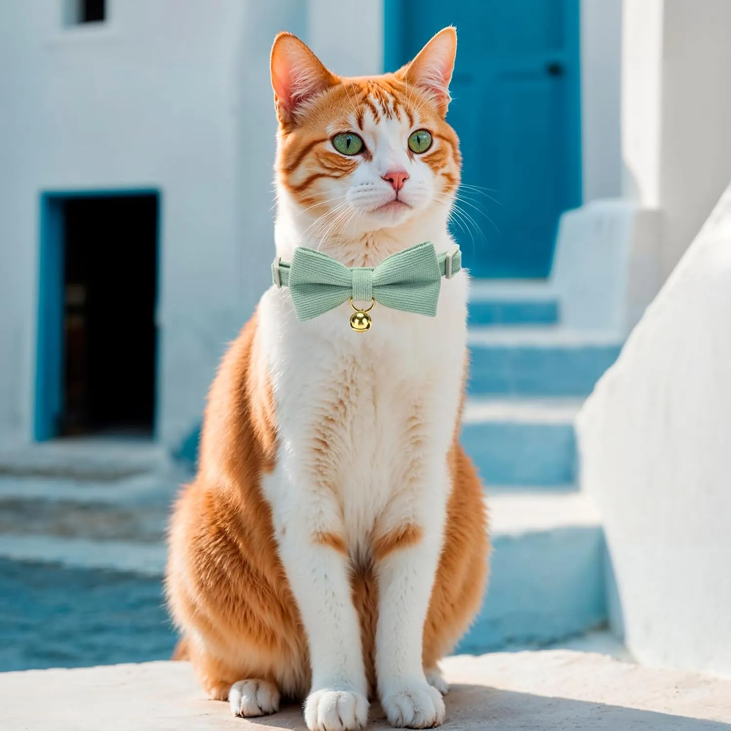 2 Pack Soft Corduroy Cat Collars with Bow Tie & Bell, Adjustable Breakaway Cotton Kitty Bowtie Collar for Female Male Cats(Grass Green & Pink)
