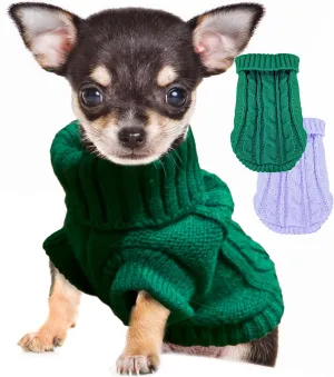 2 Pieces XXS Dog Sweater Teacup Dog Clothes Turtleneck Dog Sweater Fall Dog Clothes for Small Dogs Boy Girl, Winter Warm Pet Coat Puppy Outfits Cat Sweater Chihuahua Yorkie Sweater, Green   Purple