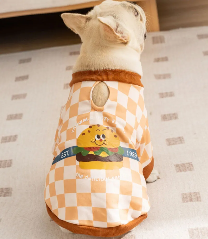 Autumn and winter trendy cool style dog plaid print hamburger French bulldog sweatshirt fat dog pug bulldog pet dog clothes