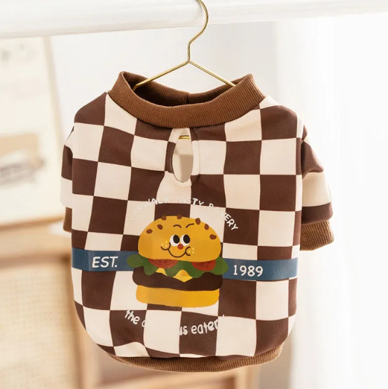 Autumn and winter trendy cool style dog plaid print hamburger French bulldog sweatshirt fat dog pug bulldog pet dog clothes