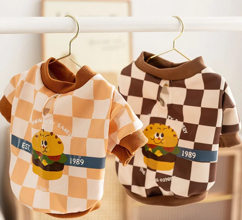 Autumn and winter trendy cool style dog plaid print hamburger French bulldog sweatshirt fat dog pug bulldog pet dog clothes