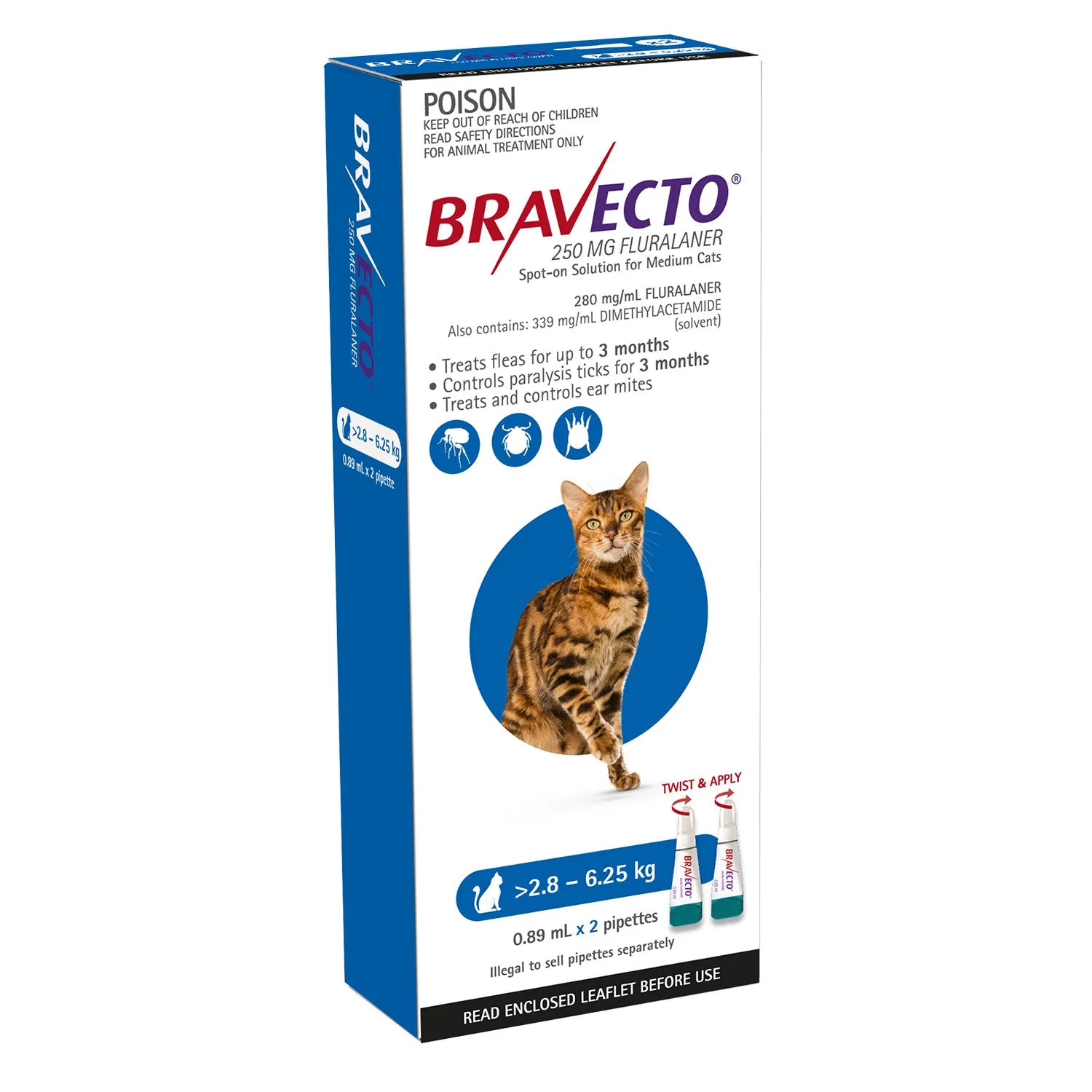 Bravecto Flea & Tick Treatment for Cats 2.8-6.25kg Blue Spot On 2 Pack