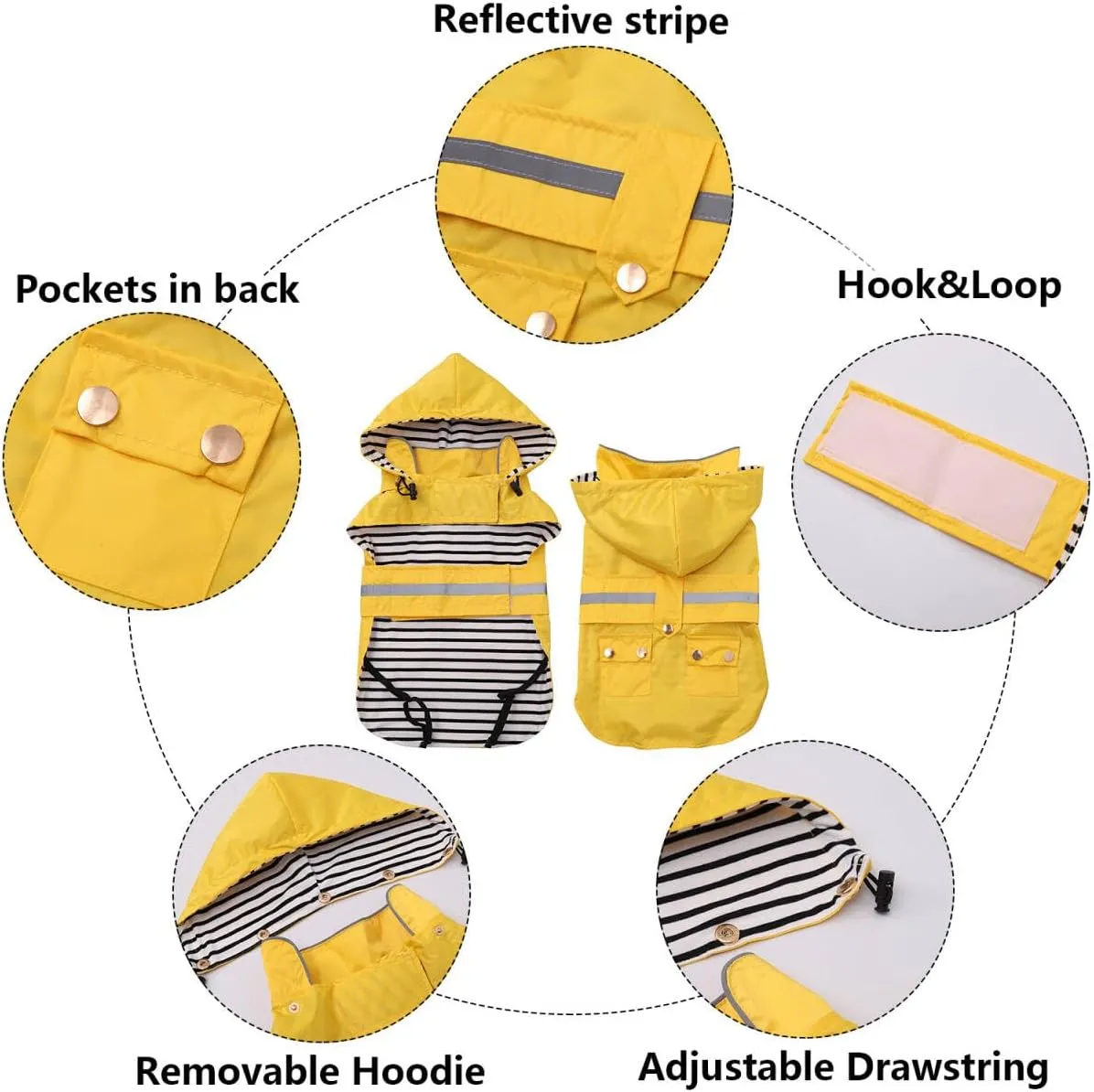 Dog Raincoat Puppy rain Jacket with Removable Hood for Small Medium Breeds Reflective Strap Storage Pockets in Cold Day Yellow M