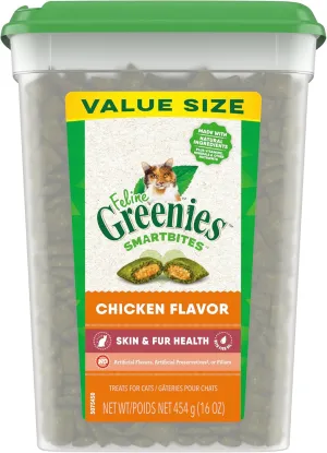 FELINE  SMARTBITES Skin & Fur Health Crunchy and Soft Textured Adult Natural Cat Treats, Chicken Flavor, 16 Oz. Tub