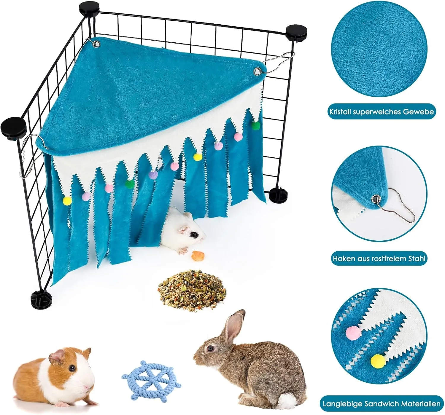Guinea Pig Hideout - Cage Accessory for Guinea Pigs, Bunnies, Hamsters, Chinchillas, Rabbits Without Metal Fences - Blue