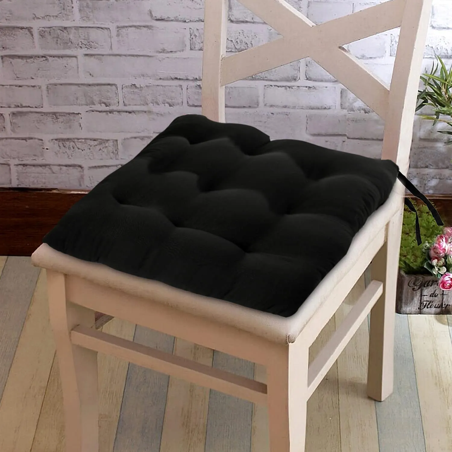 Kuber Industries Microfiber Square Chair Pad/Cushion for Office, Home or Car Sitting with Ties-Pack of 3, 18 * 18 Inch (Black)