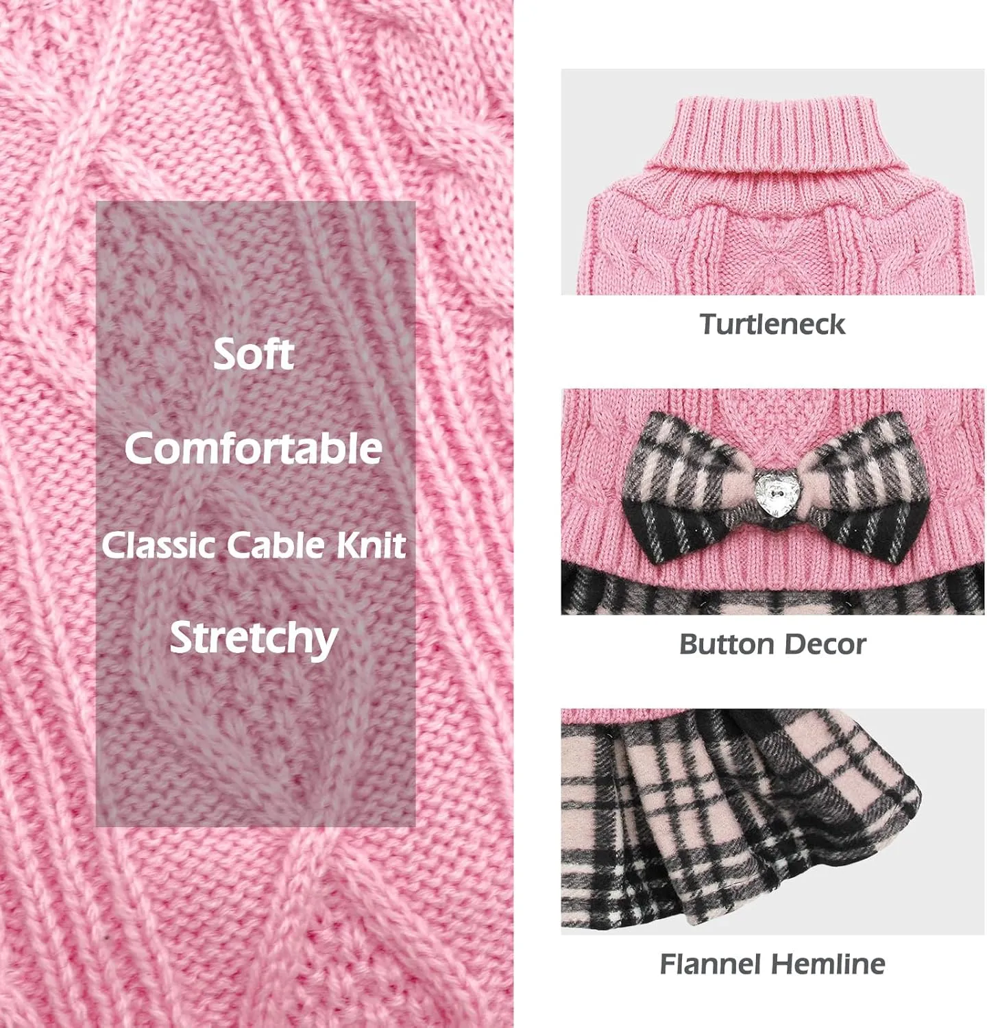 KYEESE Dog Sweaters for Small Dogs Girl Turtleneck Dog Sweater Warm Soft Small Dog Sweater with Bowtie Stretchy Dog Clothes Knitwear Dog Sweater Dress Pullover Dog Coats Puppy Sweater, Pink, X-Small