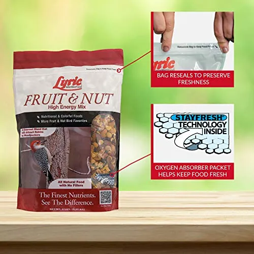Lyric Fruit and Nut Wild Bird Seed - High Energy Wild Bird Food Mix - Attracts Woodpeckers, Chickadees & Other Songbirds - 5 lb bag
