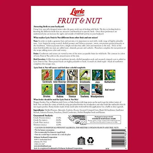 Lyric Fruit and Nut Wild Bird Seed - High Energy Wild Bird Food Mix - Attracts Woodpeckers, Chickadees & Other Songbirds - 5 lb bag