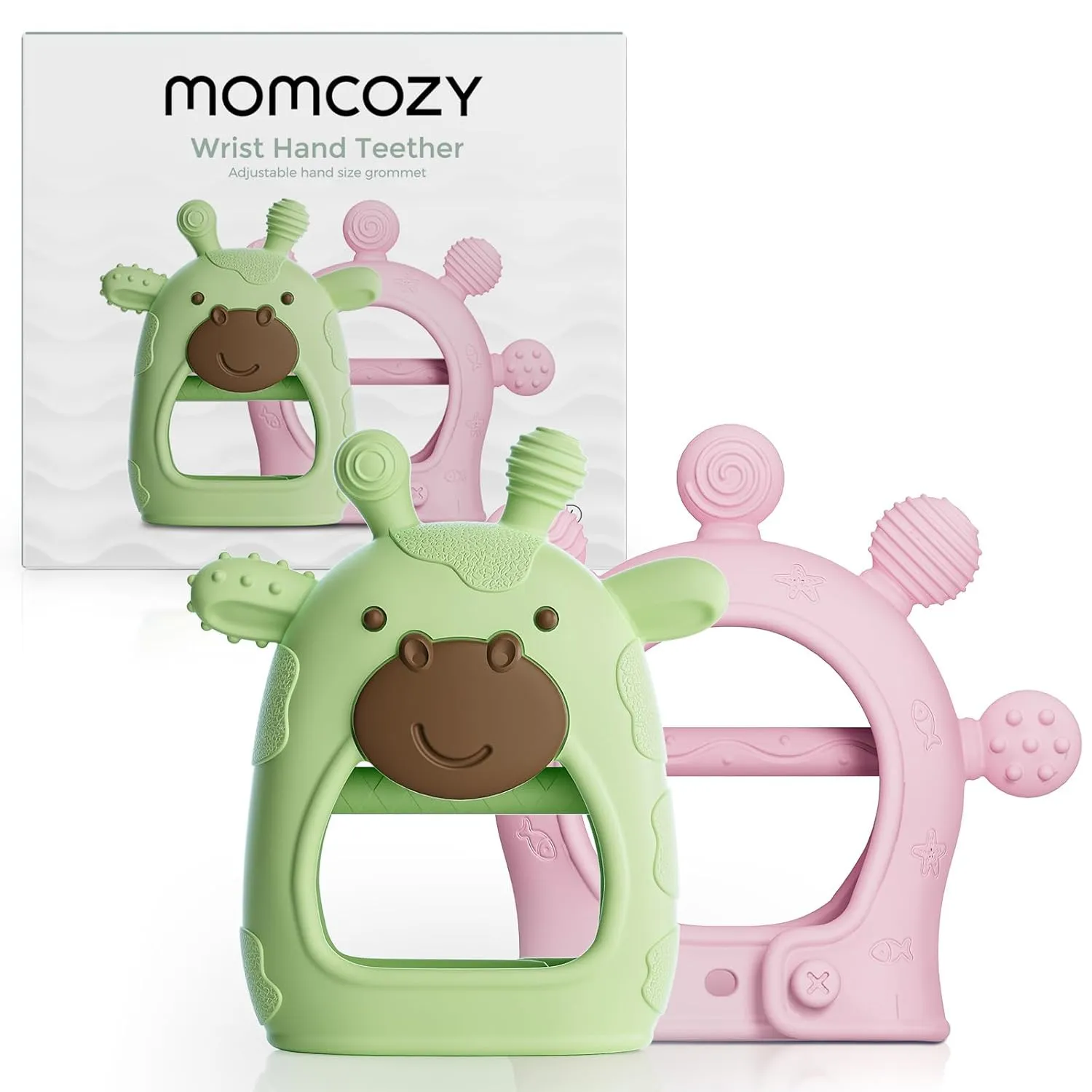Momcozy Baby Teether Toys | Food Grade Silicone Teething Relief 0-6 Months | Essential Toy 6-12 Months | Green and Pink