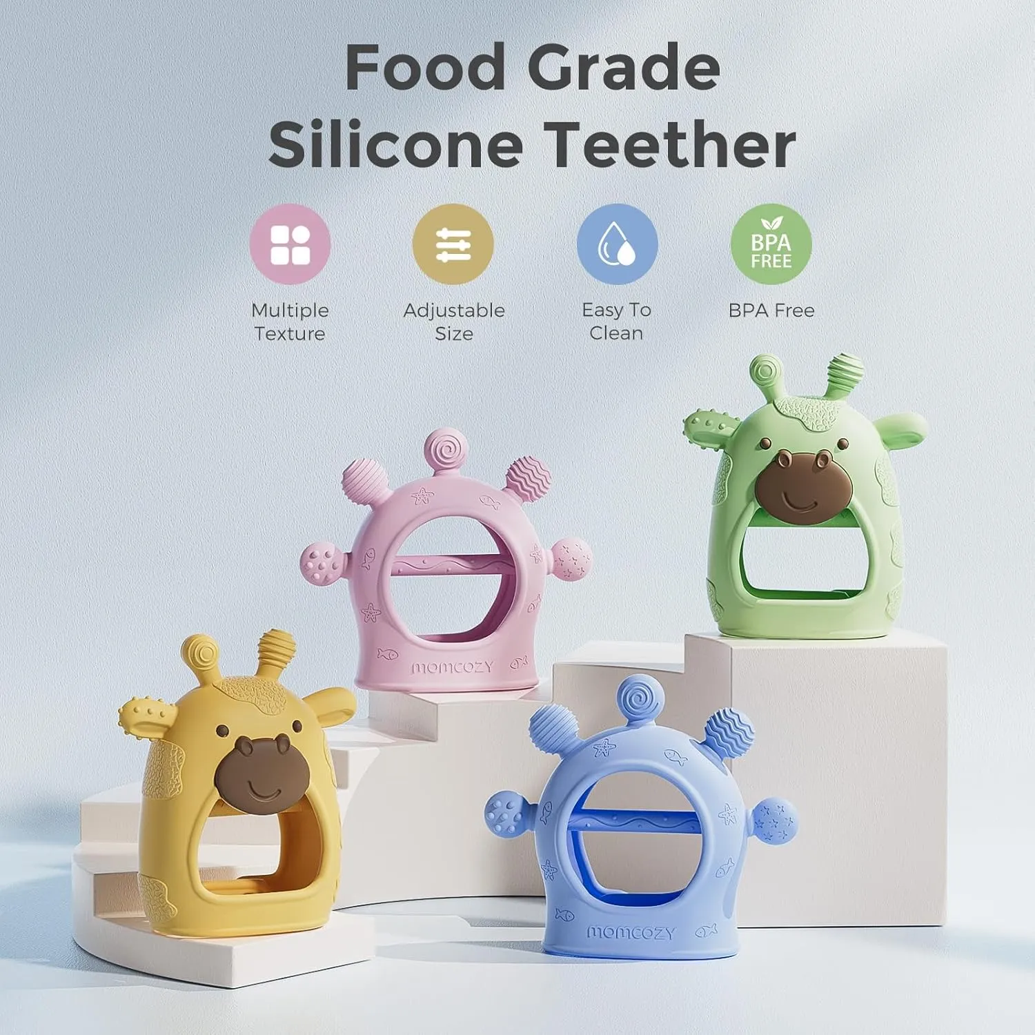 Momcozy Baby Teether Toys | Food Grade Silicone Teething Relief 0-6 Months | Essential Toy 6-12 Months | Green and Pink