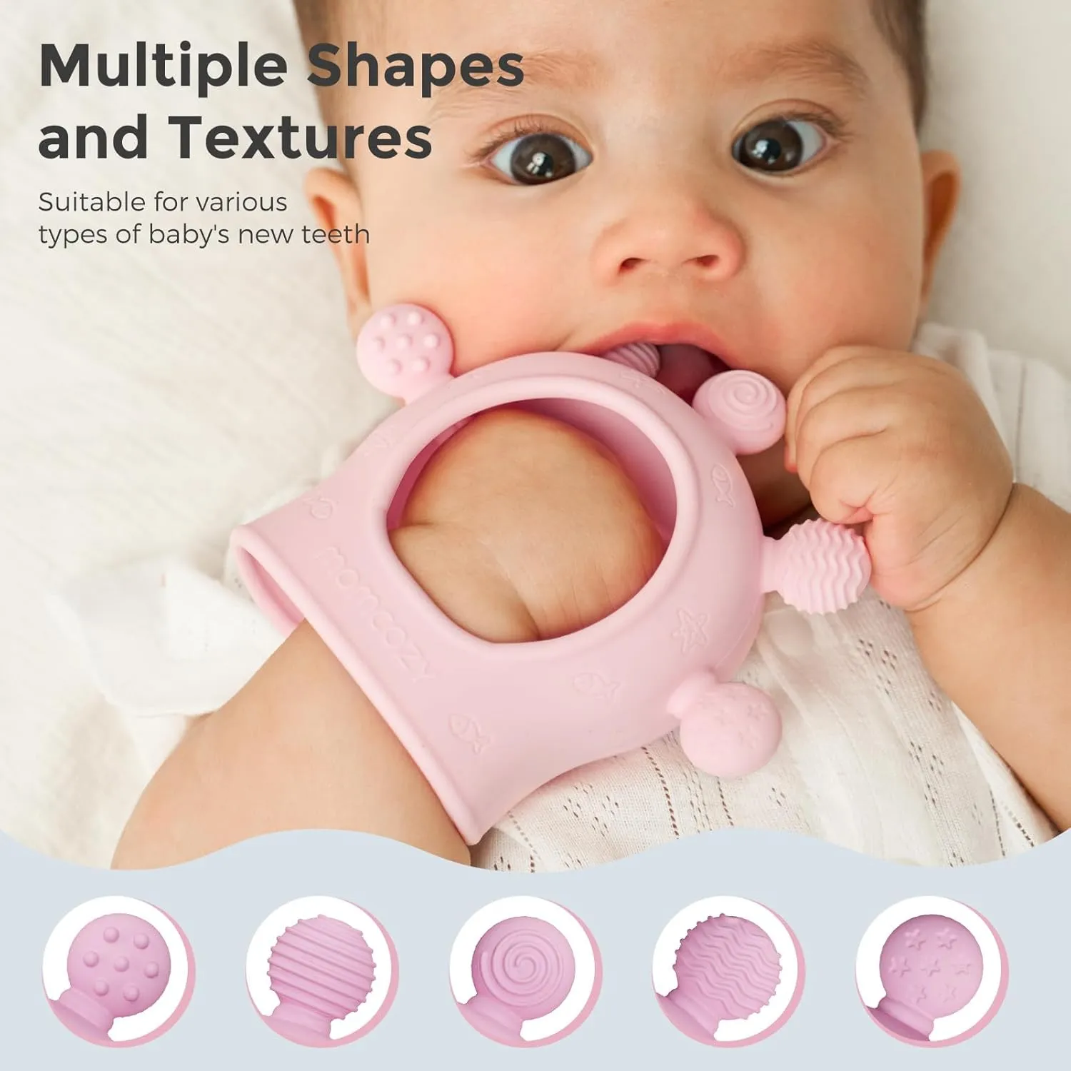 Momcozy Baby Teether Toys | Food Grade Silicone Teething Relief 0-6 Months | Essential Toy 6-12 Months | Green and Pink