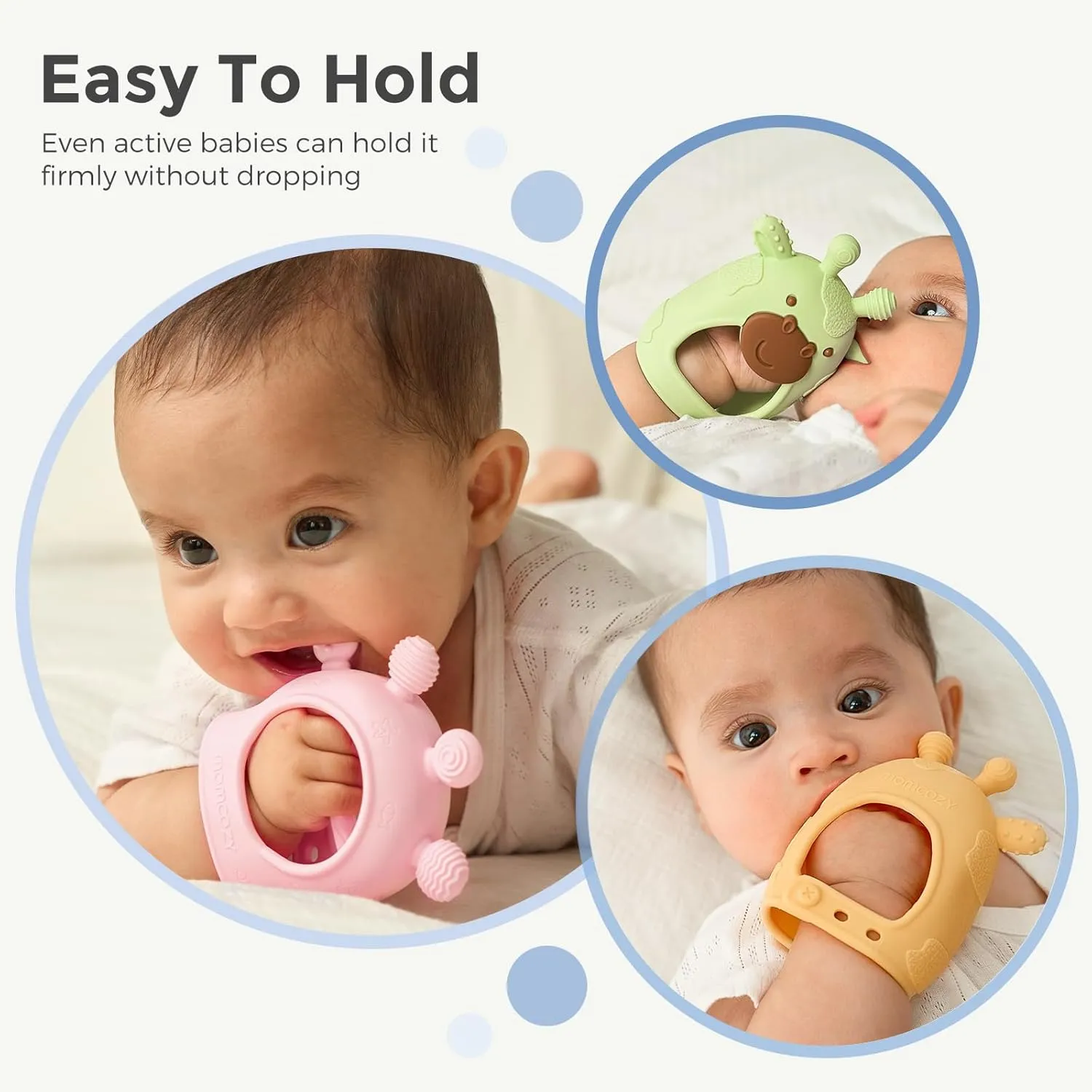 Momcozy Baby Teether Toys | Food Grade Silicone Teething Relief 0-6 Months | Essential Toy 6-12 Months | Green and Pink
