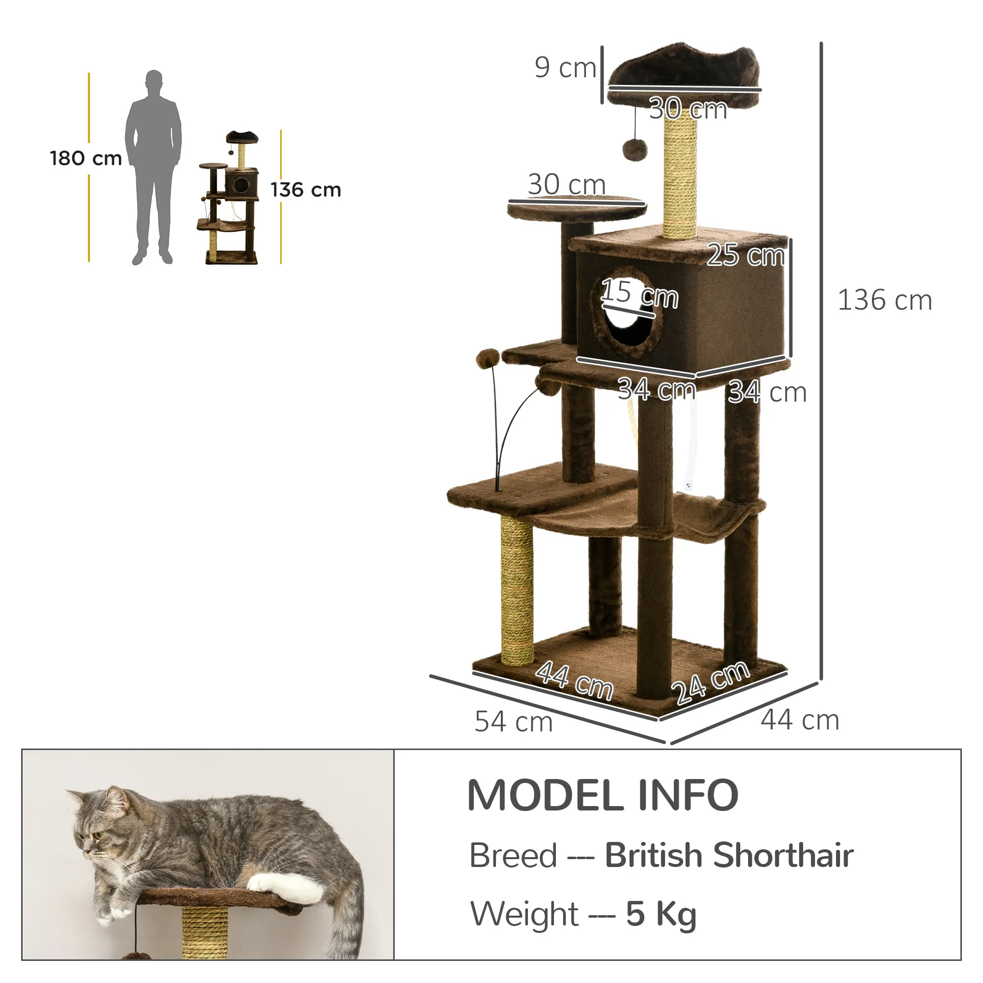 PawHut Cat Tree for Indoor Cats, Modern Cat Tower with Scratching Posts, House