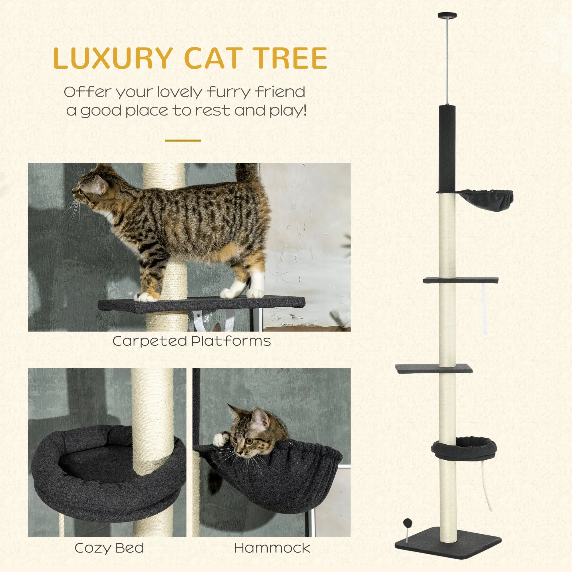 PawHut Floor-To-Ceiling Cat Tree, Height Adjustable, Black