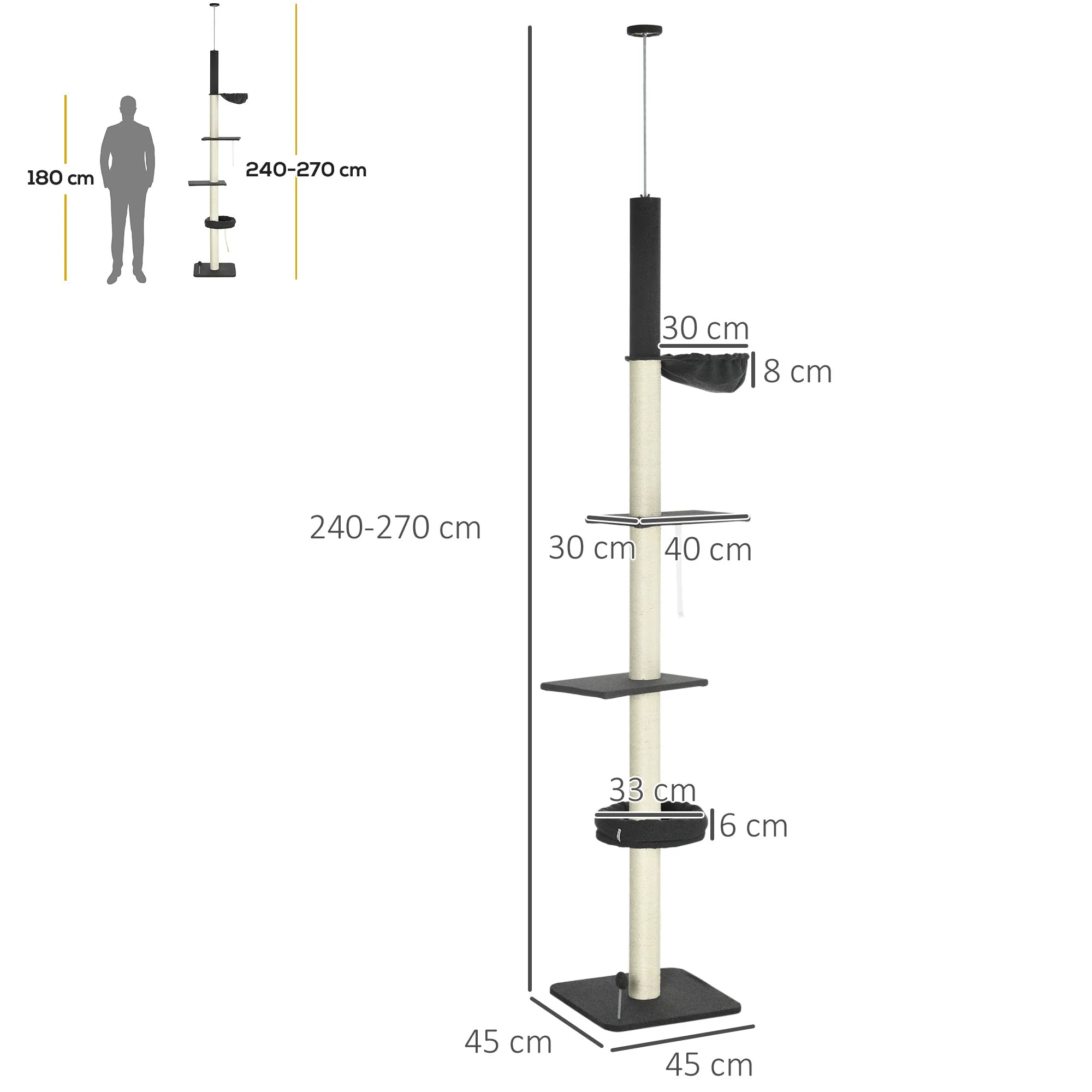 PawHut Floor-To-Ceiling Cat Tree, Height Adjustable, Black