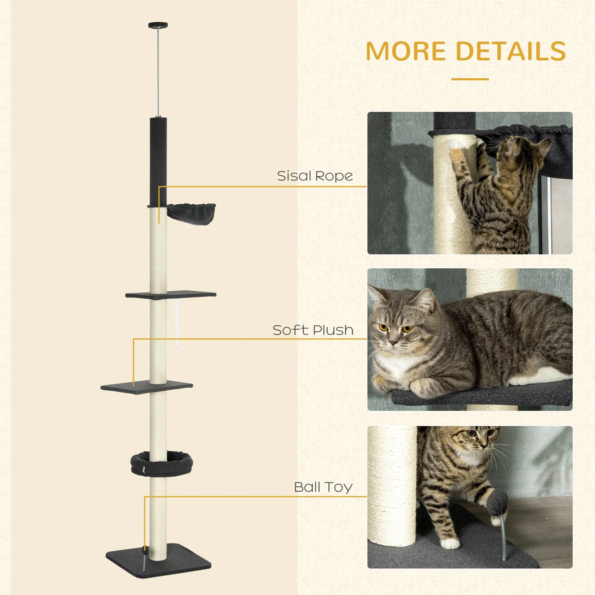 PawHut Floor-To-Ceiling Cat Tree, Height Adjustable, Black