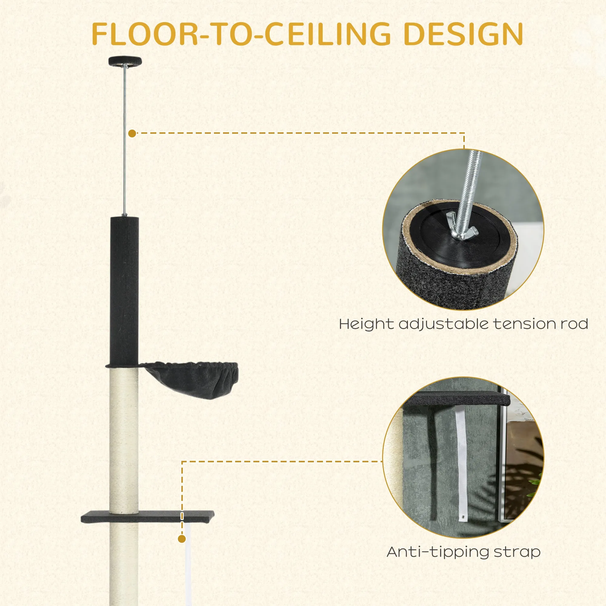 PawHut Floor-To-Ceiling Cat Tree, Height Adjustable, Black