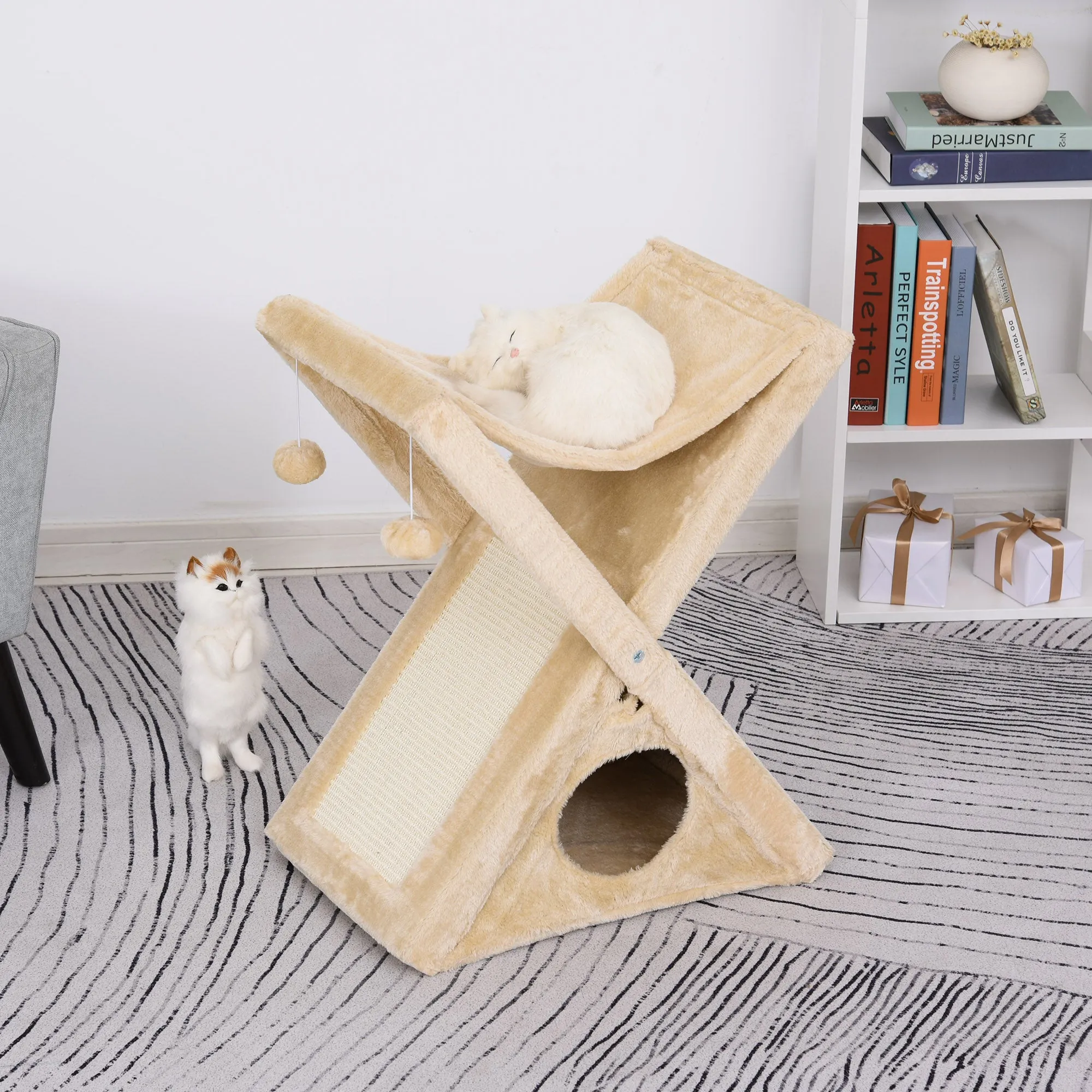 PawHut Plush Folding Cat Tree Play Rest Activity Tower w/ Scratching Post Yellow
