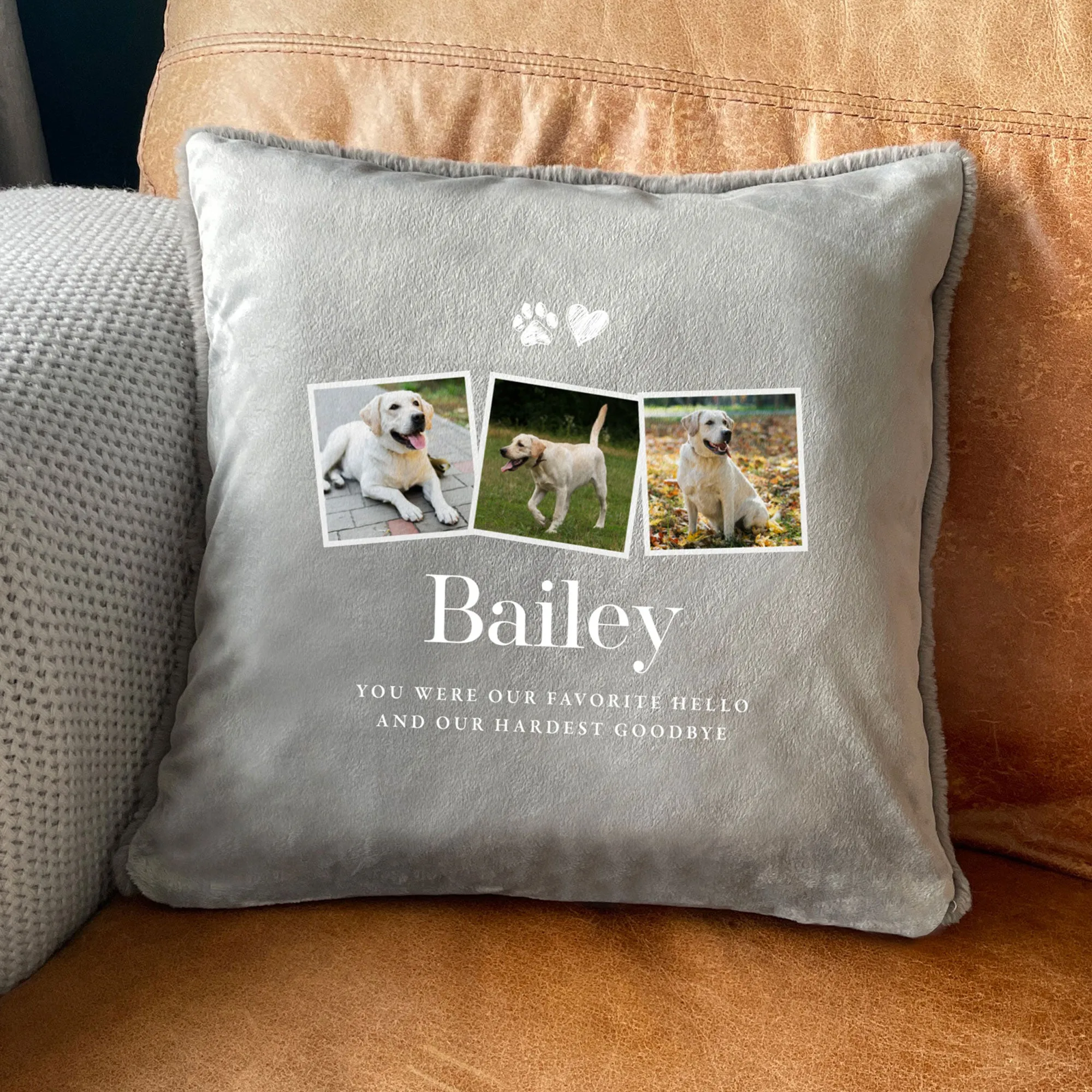 Personalised Three Photo Pet Memorial Ashes Faux Fur Cuddle Cushion