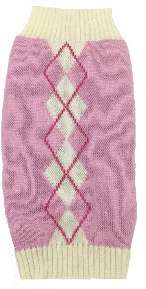Pink Argyle Puppy Sweater for Girl Pet Sweater Knitwear for Dogs & Cats Warm Knitted Turtleneck X-Small (XS) Size