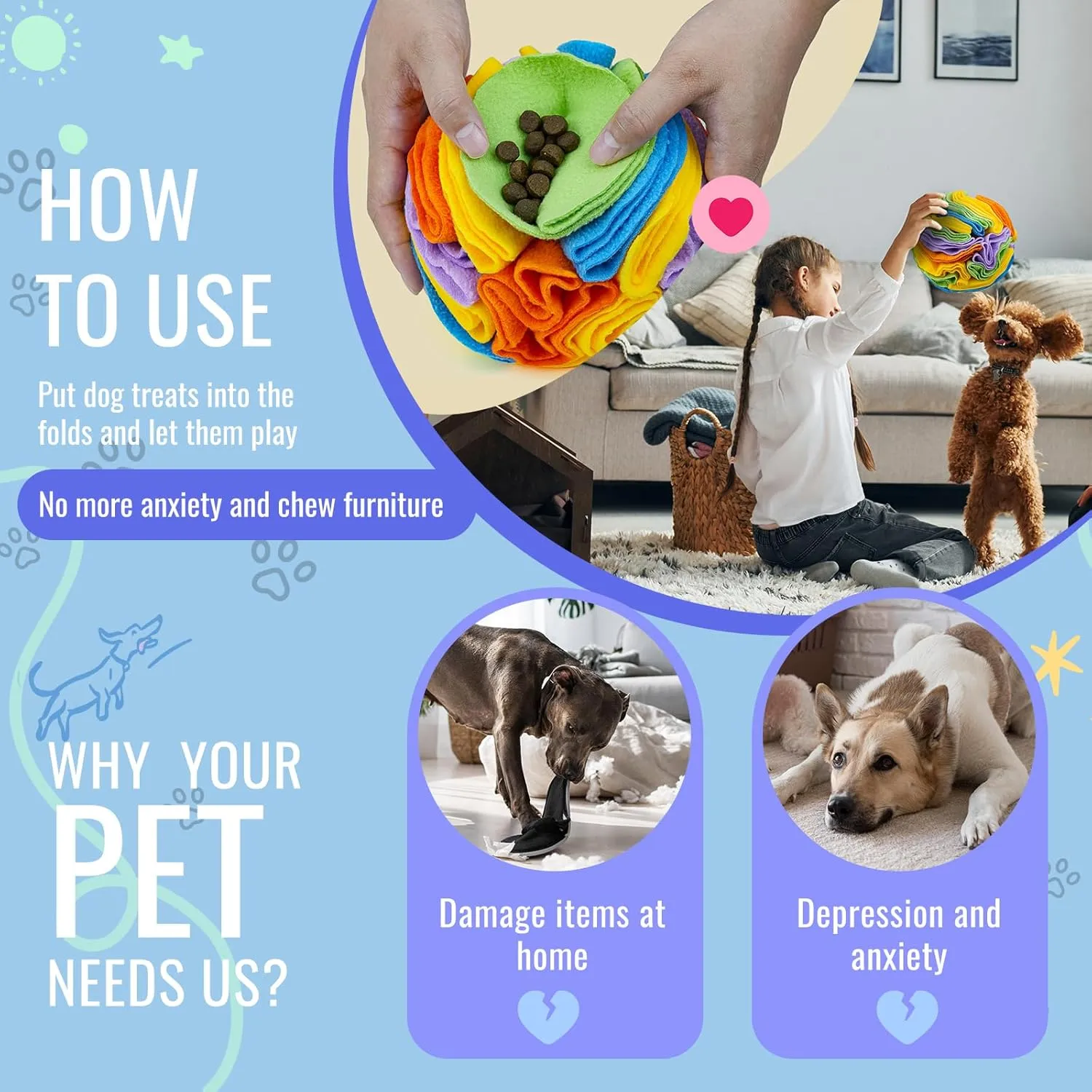 Puzzle Sniffing Interactive Dog Ball for Blind Dogs, Training, Stress Relief & Enrichment - Washable Treat Ball (20cm, Sweet Purple)