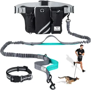 SHINE HAI Retractable Hands Free Dog Leash with Dual Bungees for Dogs, Adjustable Waist Belt Bag, Reflective Stitching Leash for Running Walking Hiking Jogging Biking (for 1 Dog)