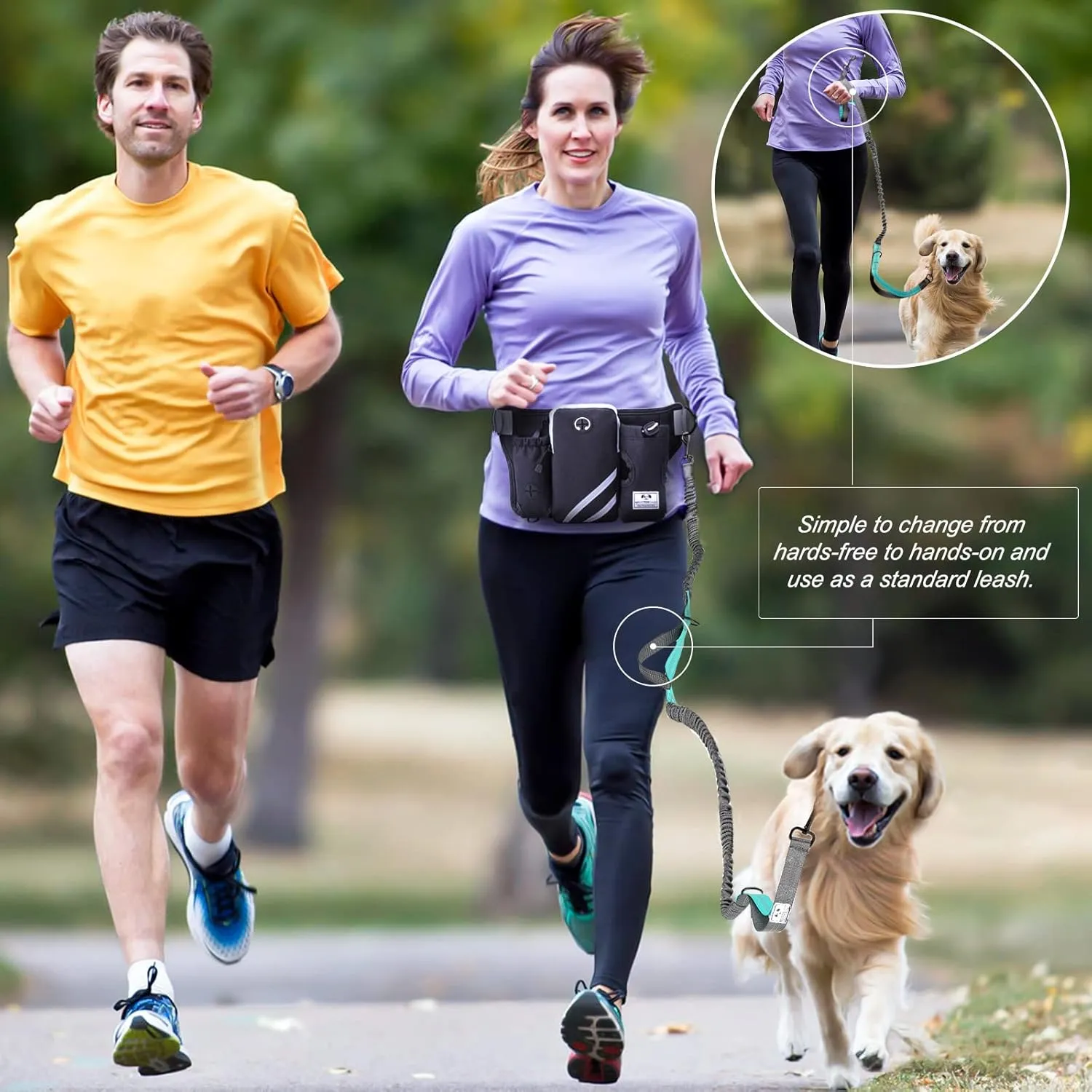 SHINE HAI Retractable Hands Free Dog Leash with Dual Bungees for Dogs, Adjustable Waist Belt Bag, Reflective Stitching Leash for Running Walking Hiking Jogging Biking (for 1 Dog)