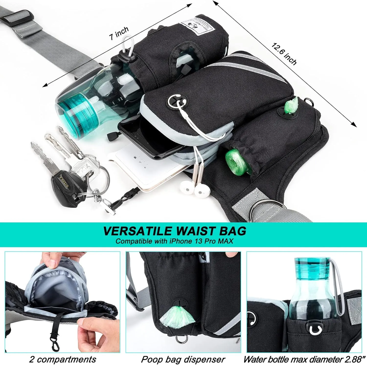 SHINE HAI Retractable Hands Free Dog Leash with Dual Bungees for Dogs, Adjustable Waist Belt Bag, Reflective Stitching Leash for Running Walking Hiking Jogging Biking (for 1 Dog)