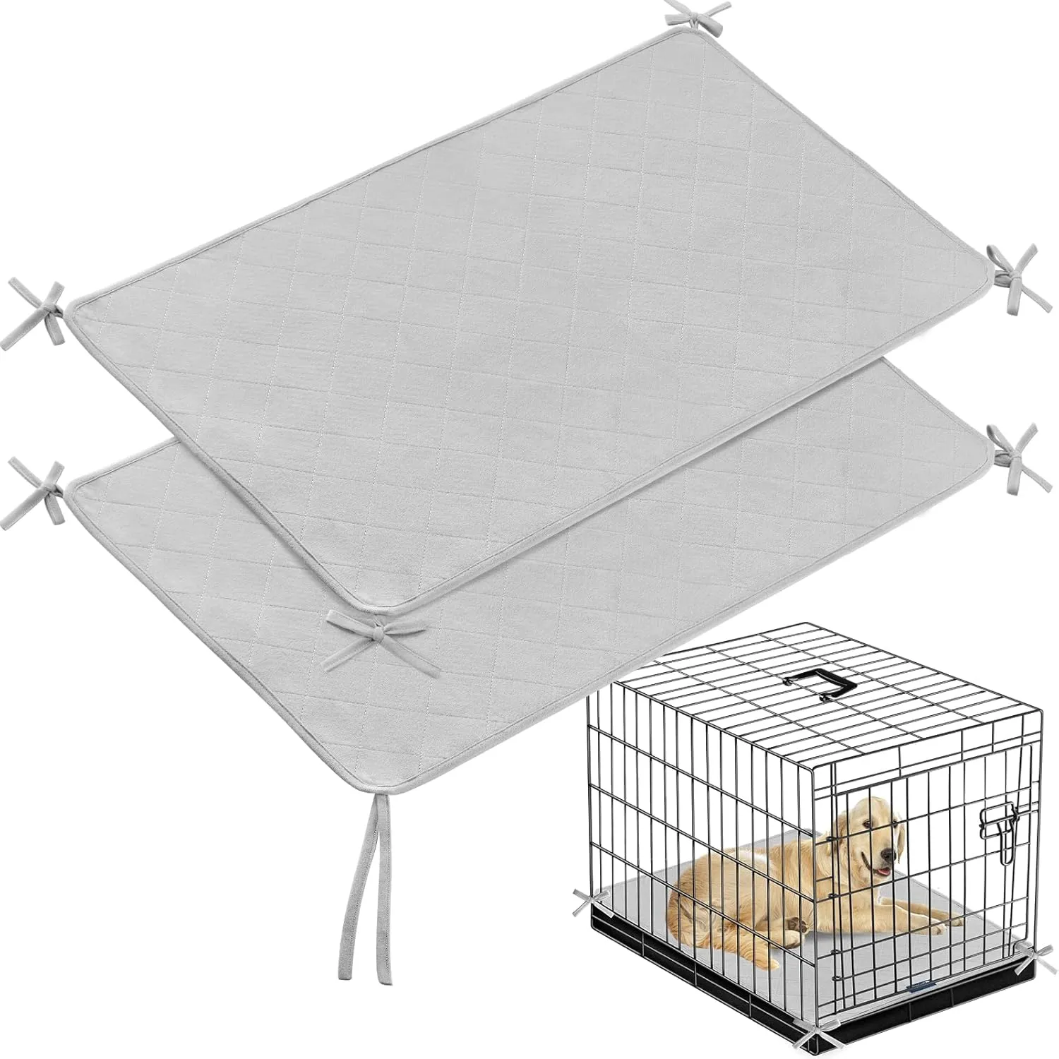 Waterproof Dog Crate Mat with Rope 2 Pack (36X23), Washable Pee Pads for Dogs, Non-Slip Training Pads for Dogs, Fits 36 Inch Dog Crate